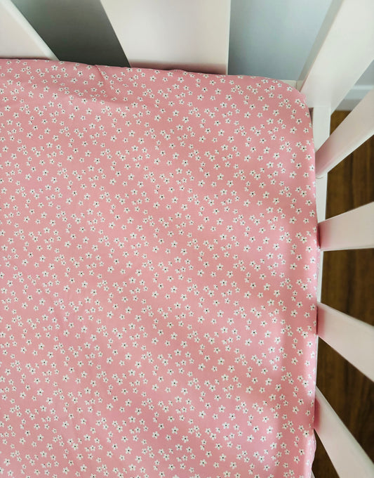 Cot Fitted Sheet - Pink & White Flowers